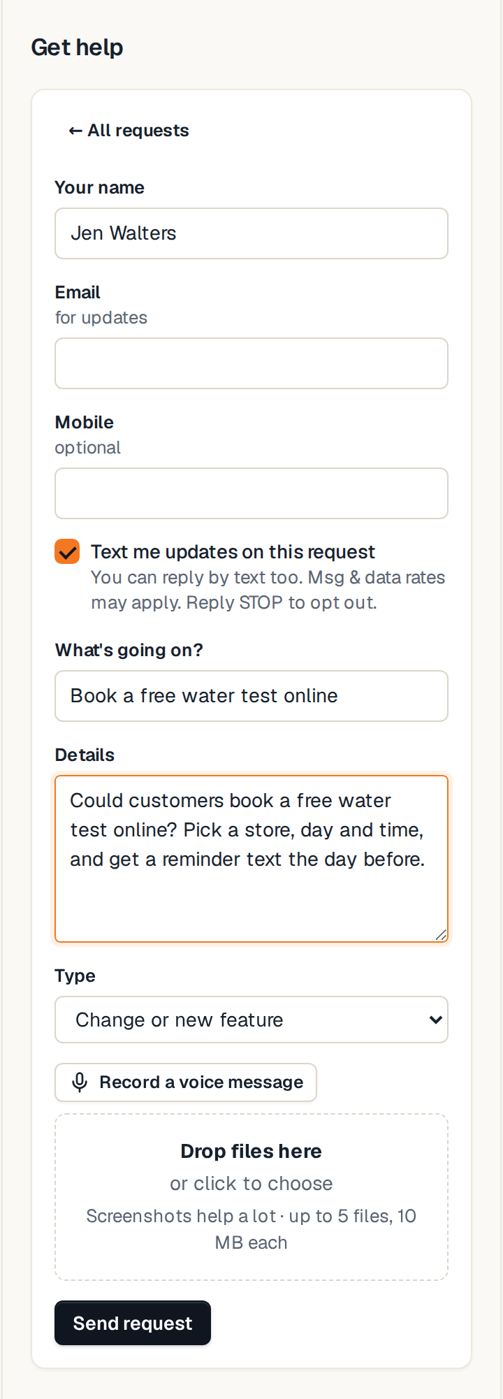 Get help form with name, email, mobile, a Text me updates checkbox, details and a file drop zone