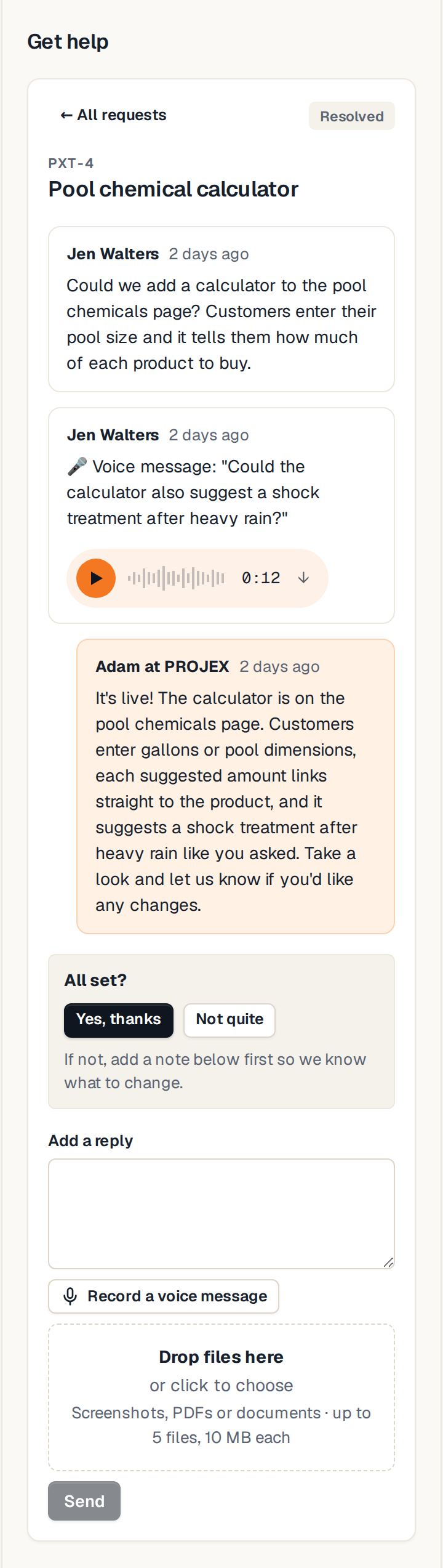 A request on the project page with a voice message from the client, a reply from PROJEX and an All set? prompt
