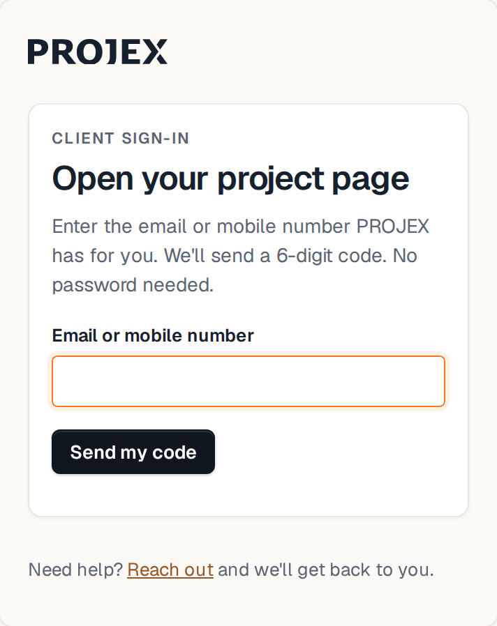 PROJEX sign-in page asking for an email or mobile number, with a Send my code button