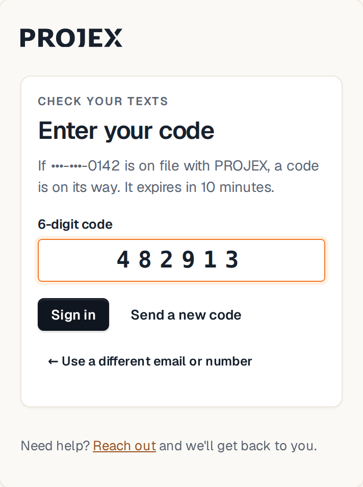Enter your code screen with a 6-digit code field, Sign in and Send a new code
